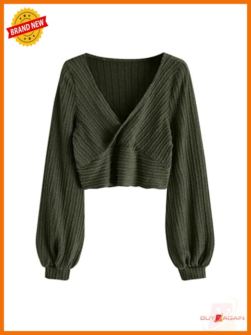 Ribbed Cable Knit Cropped Pullover V-Neck Lantern Sleeve Sweater